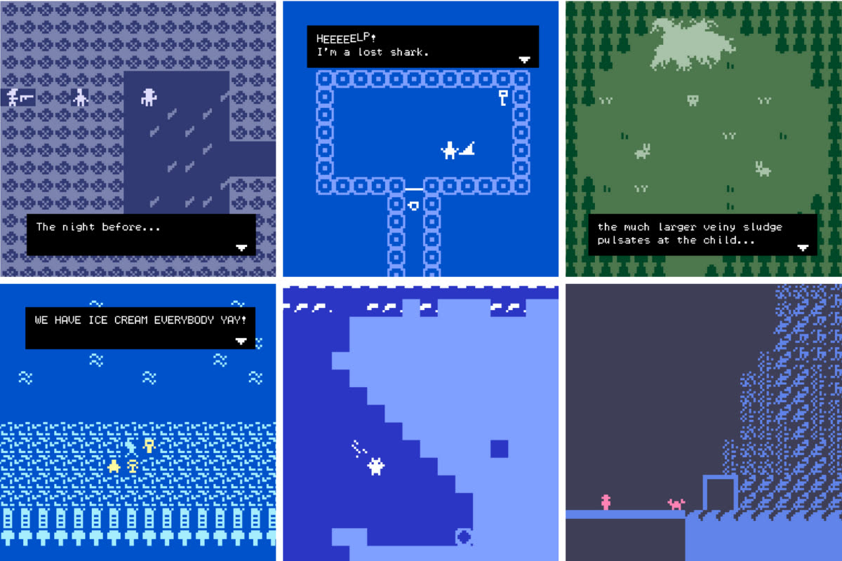 A grid of six Bitsy games made on the taster day, each a small pixel scene with a line of dialogue.