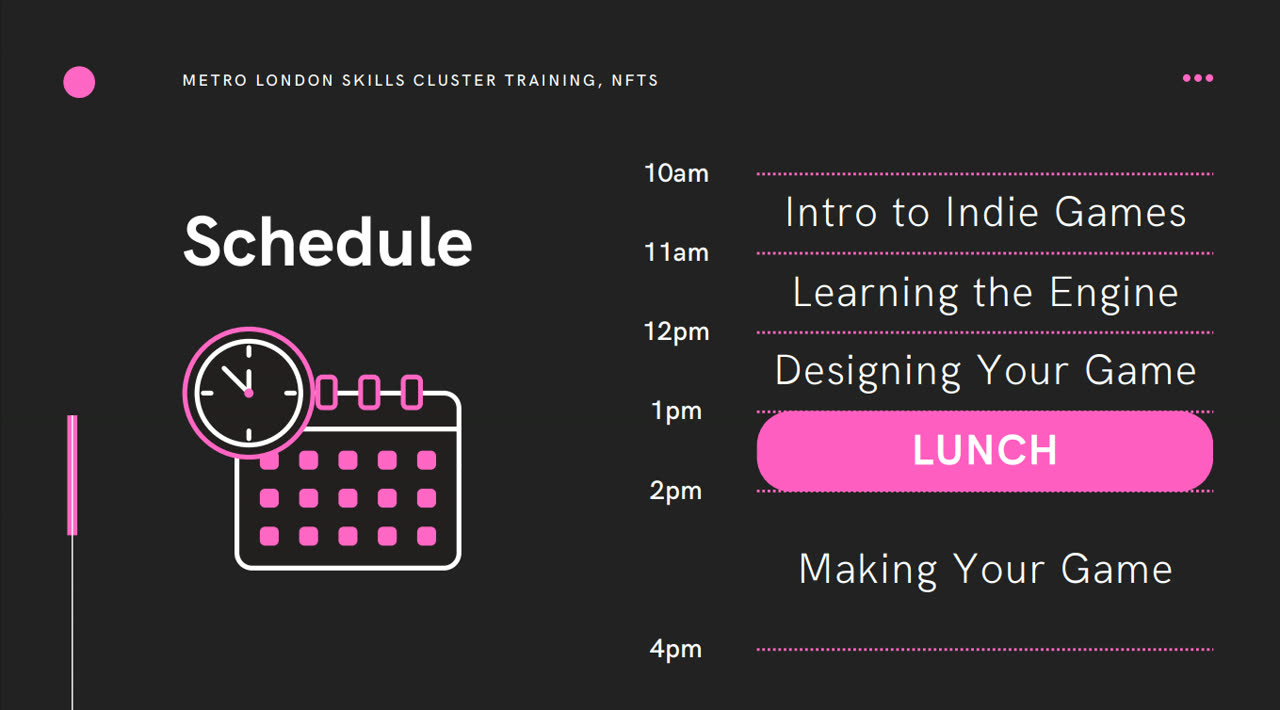 The day's schedule slide: intro to indie games, learning the engine, designing your game, then making it.