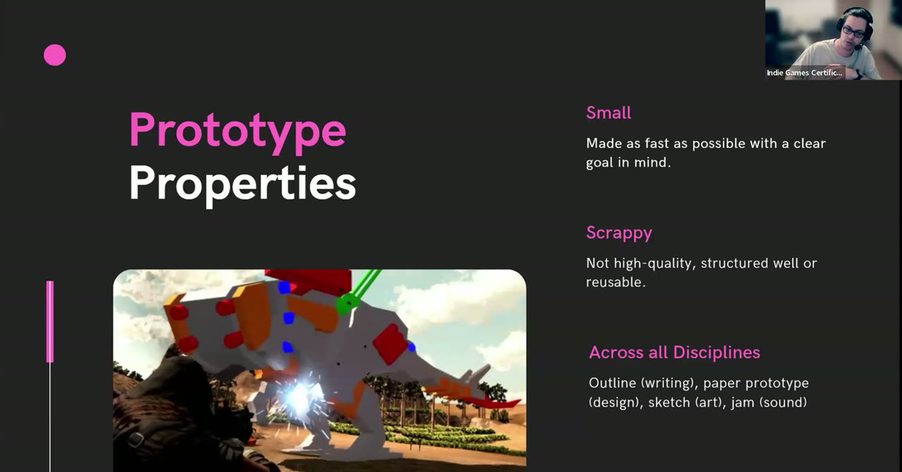 A course slide on prototype properties: small, scrappy, and applicable across writing, design, art and sound.