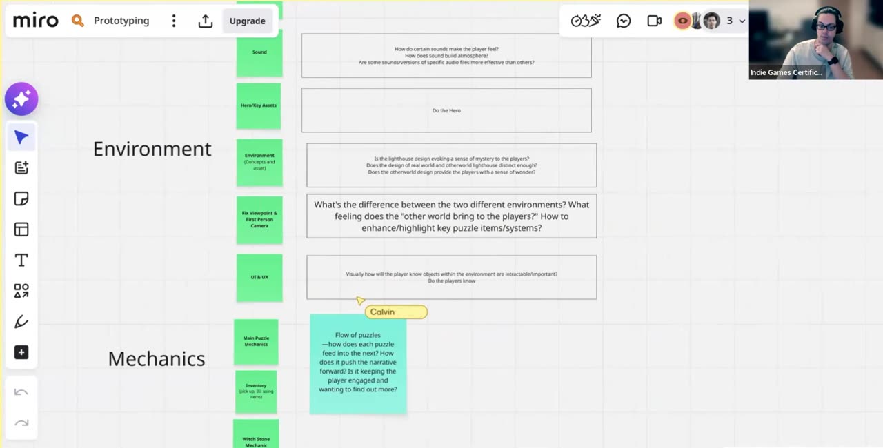 A shared Miro board mapping a game's environment and mechanics questions during a live session.